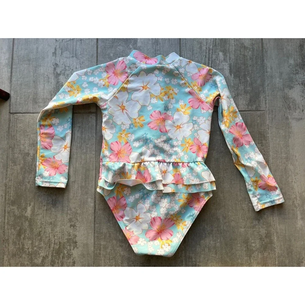 Los Angeles Boutique Girls Floral One Piece Zip Front Long Sleeve Swim Beach 4-5